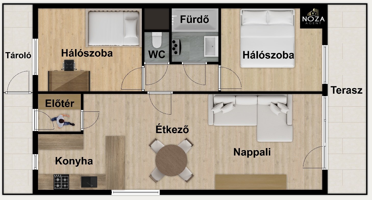 A 68 m²-es lakás alaprajza: nappali, két hálószoba, konyha-étkező, fürdő, külön WC